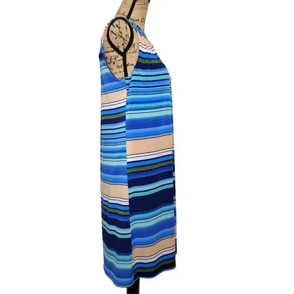 LUXOLOGY Women's Split V Neck Sleeveless Striped Shift Dress Size Medium Blue - Picture 2 of 16
